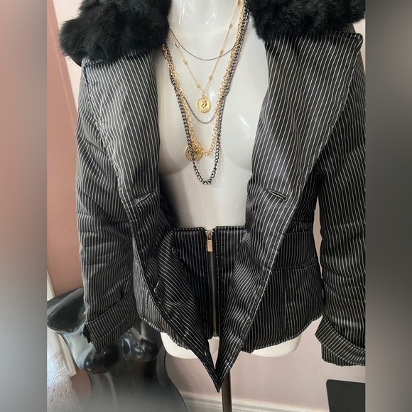 BEBE DOUBLE BREASTED PUFFER COAT REMOVABLE FAUX FUR COLLAR US S pinstripe - Picture 4 of 12